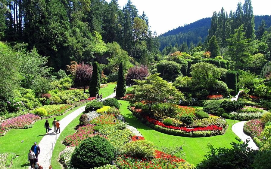Paths and flower beds in the Sunken Garden at The Butchart Gardens