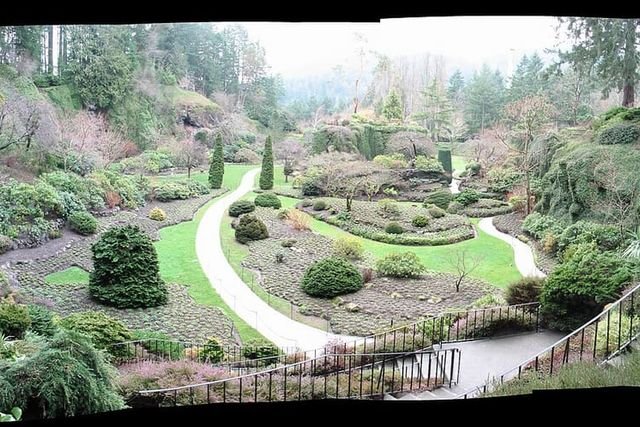 Wide panorama of the Sunken Garden at The Butchart Gardens