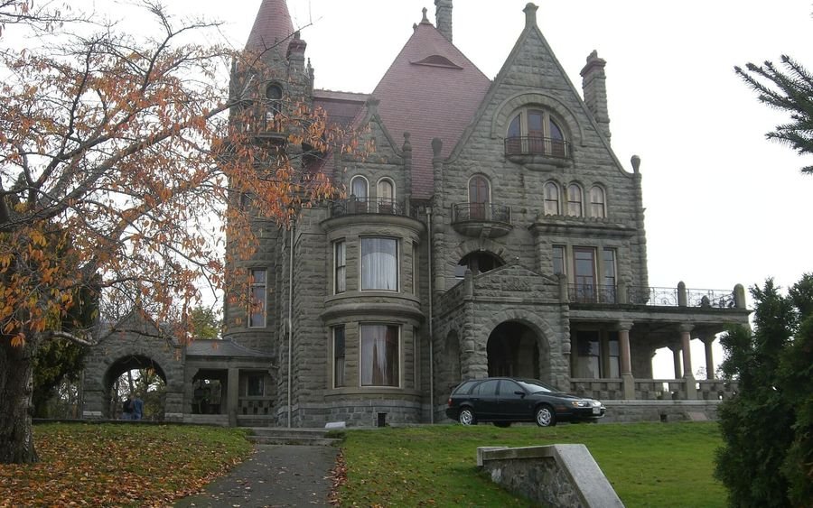 The front of Craigdarroch Castle with its turrets and steep roofs